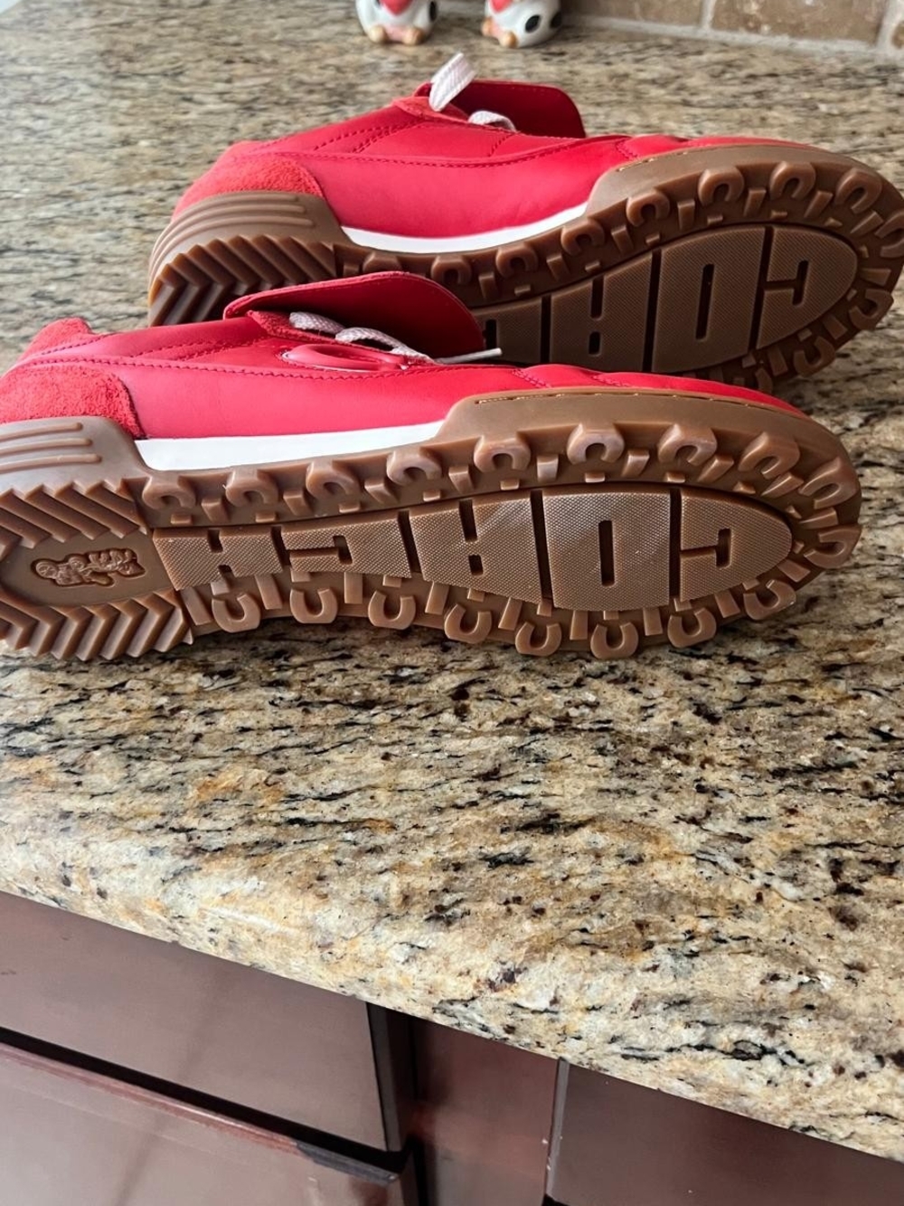 Coach Ladies Red Lace-Up Sneakers with Logo Tongue - Picture 3 of 3